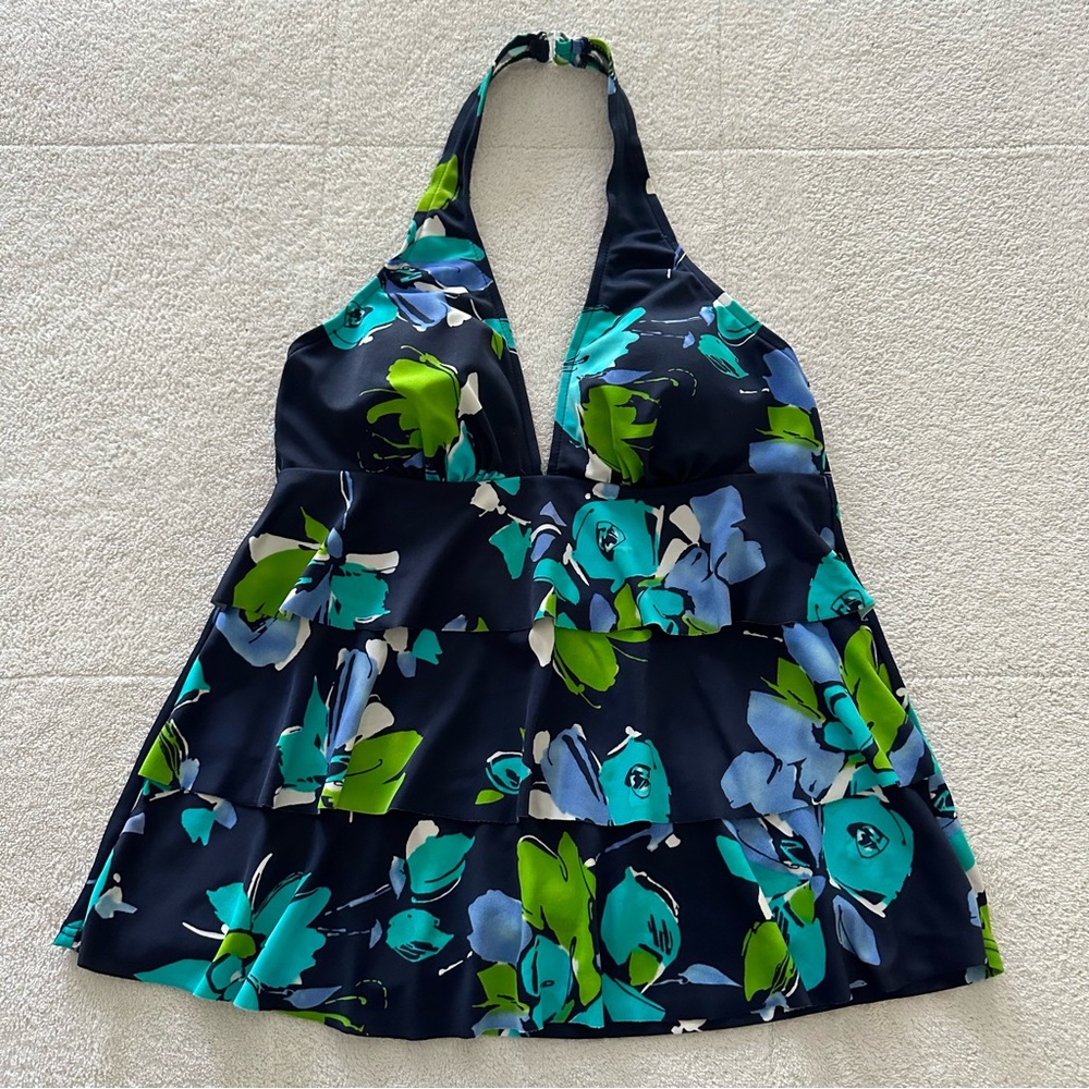 Jamaica Bay Navy Floral Tiered Flowy Halter Tankini Swim Top 10